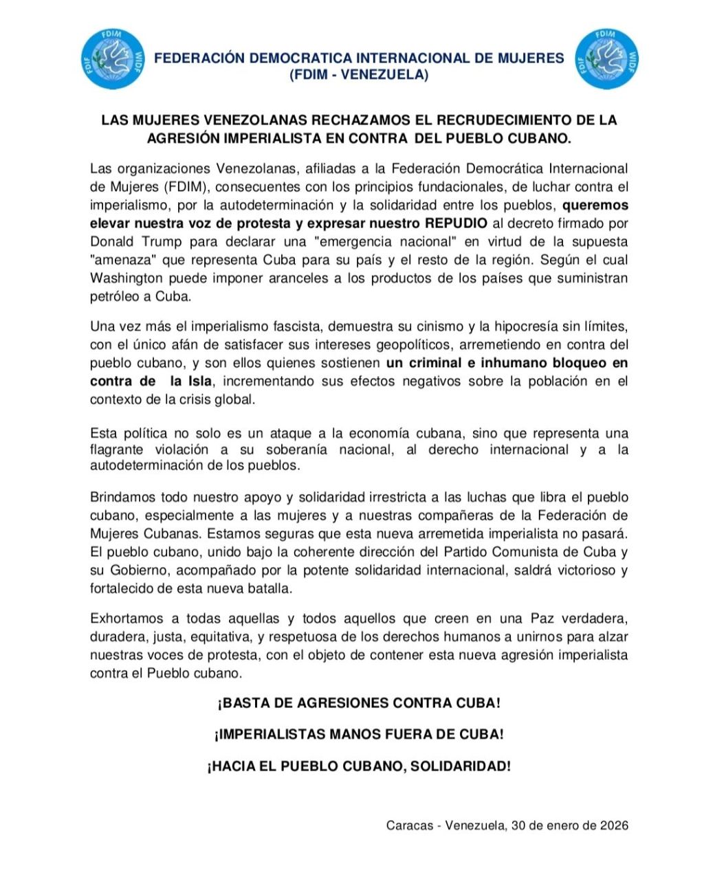 Las mujeres venezolanas rechazamos el bloqueo a&nbsp;Cuba
